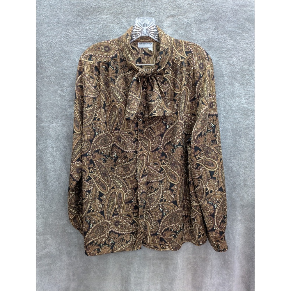 Pussybow‎ Blouse Women's 14 Brown Paisley Office Secretary 80s 90s